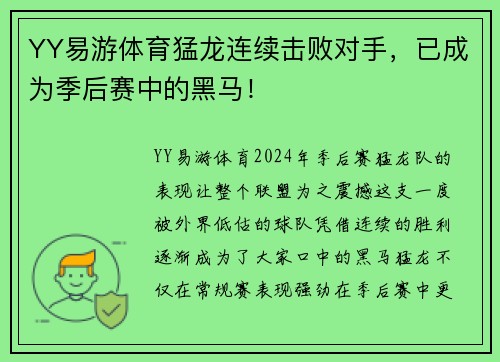 YY易游体育猛龙连续击败对手，已成为季后赛中的黑马！